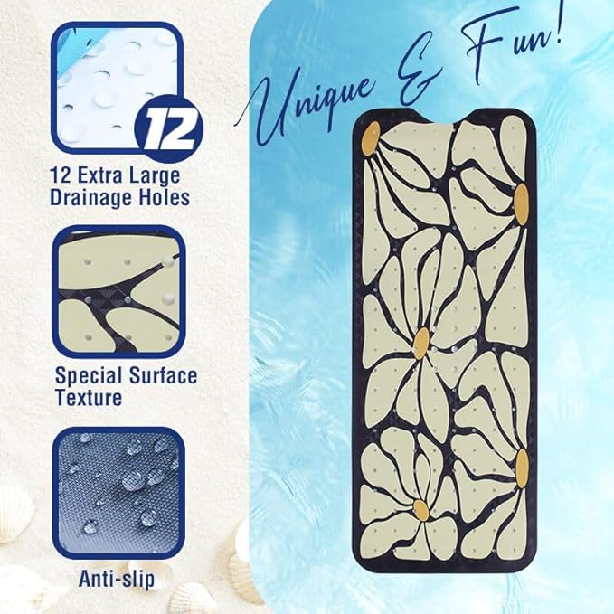Floral Bathtub Mat Non Slip for Kids Botanical Extra Long Anti Slip Bath Mat for Tub Abstract Flower Bath Shower Mat with Large Drain Holes and Suction Cups Quality Plant Design Bathroom Decor 40x16in