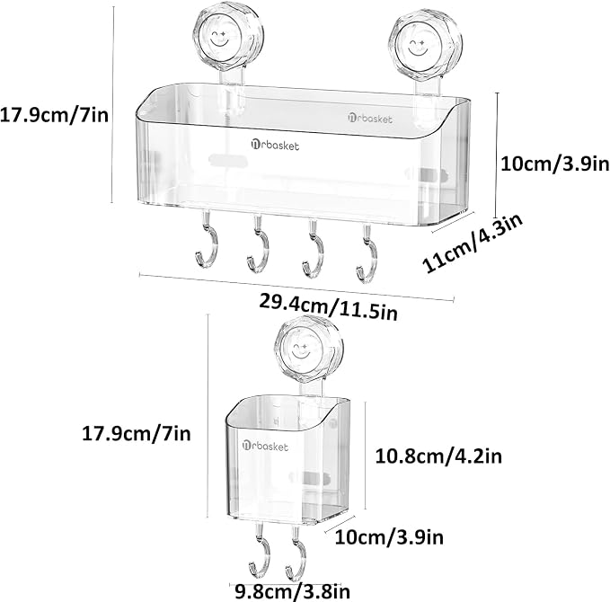 2-Pack Suction Cup Shower Caddy Set, Wall Mounted Suction Rack, Bathroom Shower Shelf Basket Set with Shower Organizer and Toothbrush Holder (No Drilling Required)