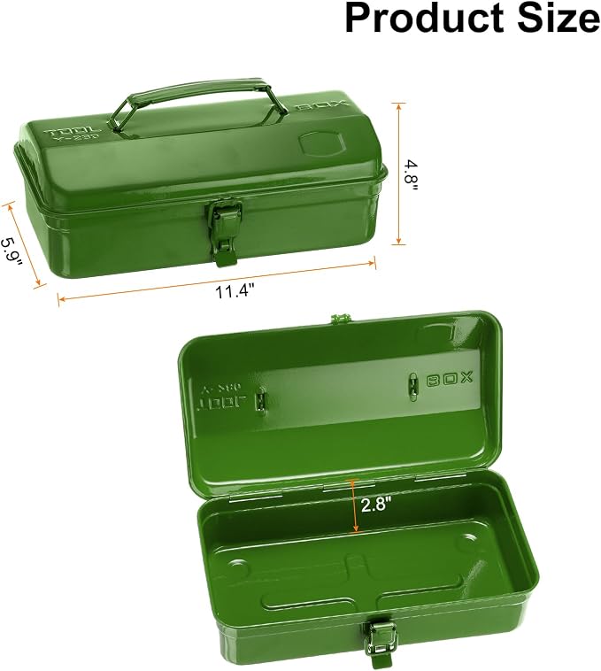 HARFINGTON Tool Box 11.4" Portable Steel Tool Box Hip Roof Style with Metal Latch Closure Tool Chest for Household Workshop Car, Green