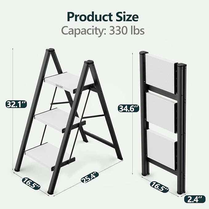 WOA WOA 3 Step Ladder, Folding Step Stool with Wide Non-Slip Aluminum Pedals, Stable and Portable, 330 lbs Capacity, for Home, Kitchen, Office - Black & White