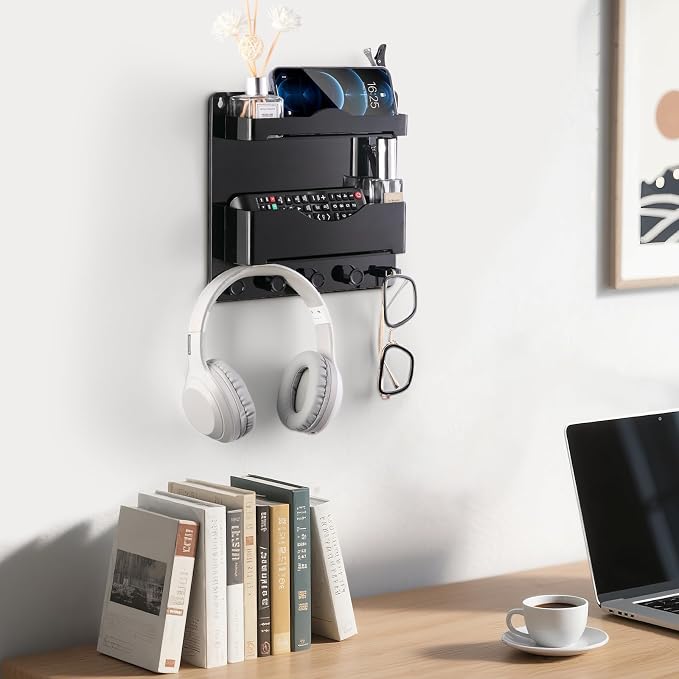 Bedside Wall Shelf with Glasses Hooks ，Adhesive Bedside Organizer Wall Mount for Dorm and Room Accessories Phone，Remote，Earphone， Kindle (Black)