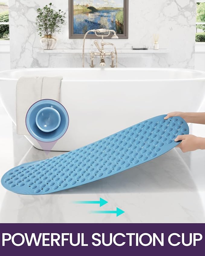 DEXI Bathtub Mat Non Slip 16x35, Shower Floor Mats for Bathroom Bath Tub, Washable Oval Bathmat with Suction Cups and Drain Holes, Blue