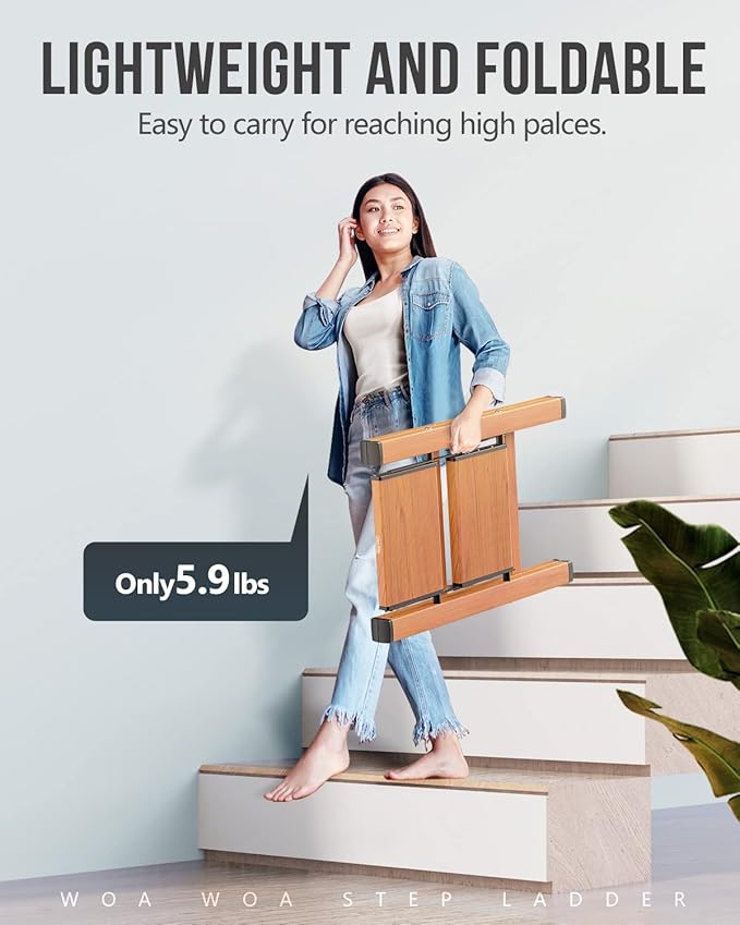 WOA WOA 2 Step Ladder, Foldable Step Stool, Aluminum Lightweight Ladder for Home Kitchen Closet, Anti-Slip Pedals, Ease of Folding, Portable, 300lbs Capacity - Wood Grain