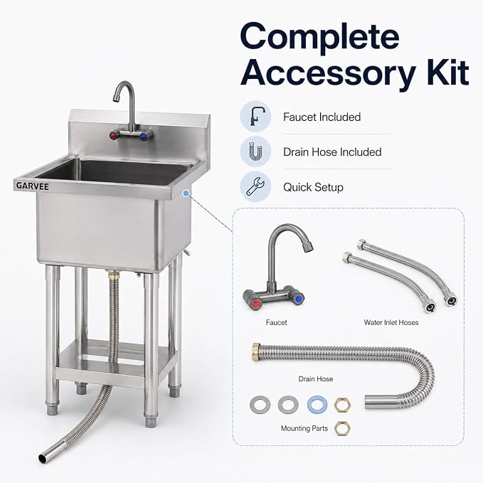 Freestanding Utility Sink 21" x 18" x 41", Stainless Steel American Style Single Bowl with T-Shaped Faucet, Cold Gray Finish, Compact Laundry Room, Balcony, Small Utility Spaces, Easy Clean Surface