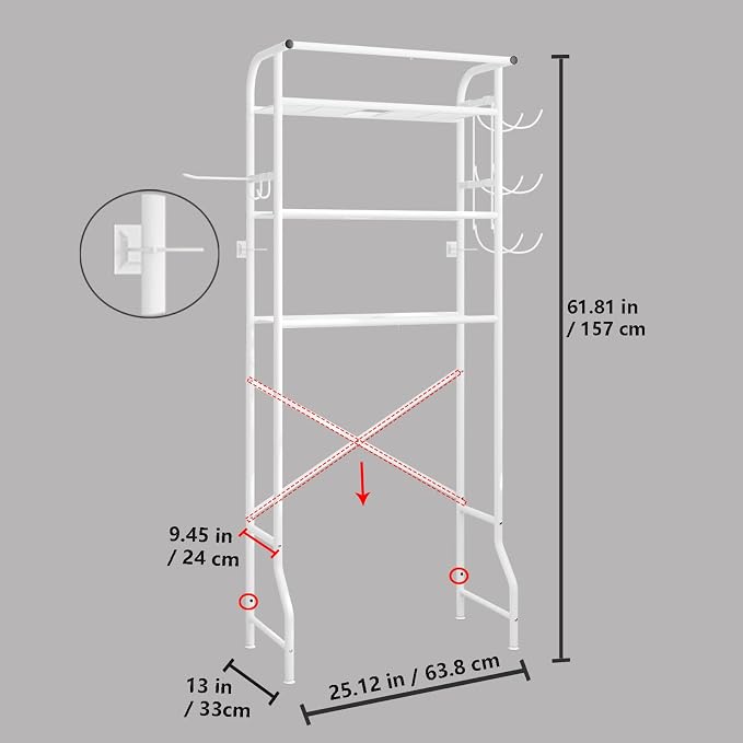 Over The Toilet Storage Metal 3 Tier Bathroom Organizer Shelf with Paper Holder Easy to Assemble & Space Saving (White)