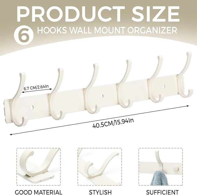 Dntorx Coat Rack Wall Mount, 2 Pack Coat Hooks Hanger Wall Double Hook Rack Rail Towel Hat Rack Entryway Bathroom Hanger Organizer for Robes, Clothes, Bags, Hat(White)