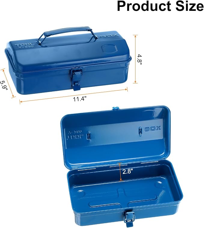 HARFINGTON Tool Box 11.4" Portable Steel Tool Box Hip Roof Style with Metal Latch Closure Tool Chest for Household Workshop Car, Blue