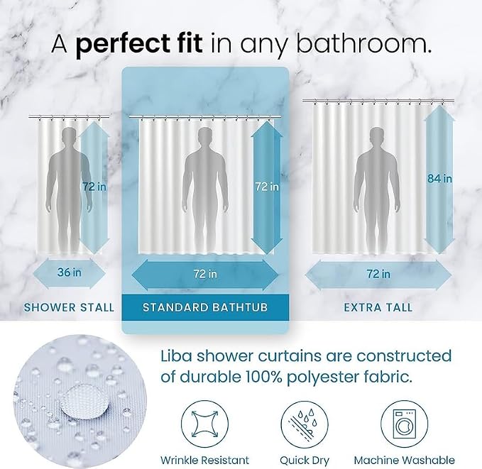 LiBa Fabric Bathroom Shower Curtain, 72" W x 72" H White Heavy Duty Waterproof Shower Curtain Liner