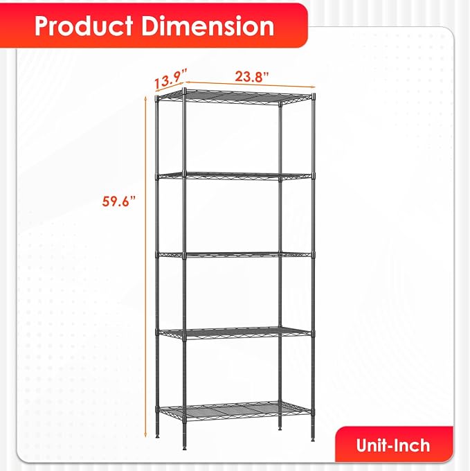 BestOffice | 5-Tier Wire Storage Shelves | 14 x 24 x 60 | Black | with Adjustable Racks | Metal Shelf, Holds Upto 500 lbs | No-Tool Assembly | Ideal for Home & Garage Shelving