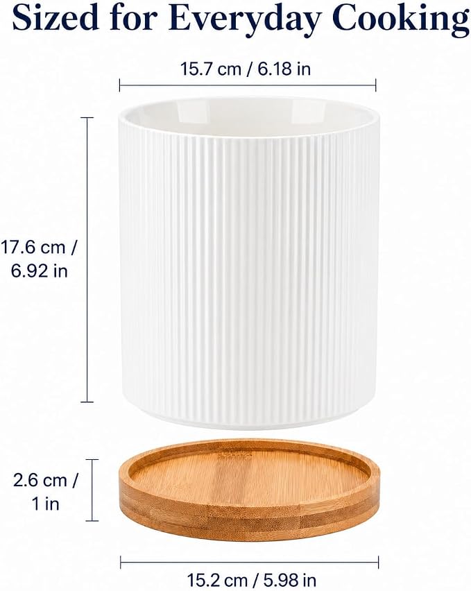 QUELIEN Utensil Holder, 360° Rotating Ceramic Kitchen Utensil Holder for Countertop, 7.7" Utensil Crock for Kitchen Counter with Rotatable Wooden Base,Ideal Housewarming Gift & Mothers Day Gift