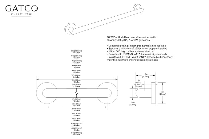 Gatco 962MX Glam ADA Compliant Grab Bar, 18-Inch Matte Black Bathroom Safety Grab Bar, Wall Mounted Stainless Steel Shower Handle, Heavy Duty Safety Rail for Bathtub, Shower, Toilet & Handicap Support