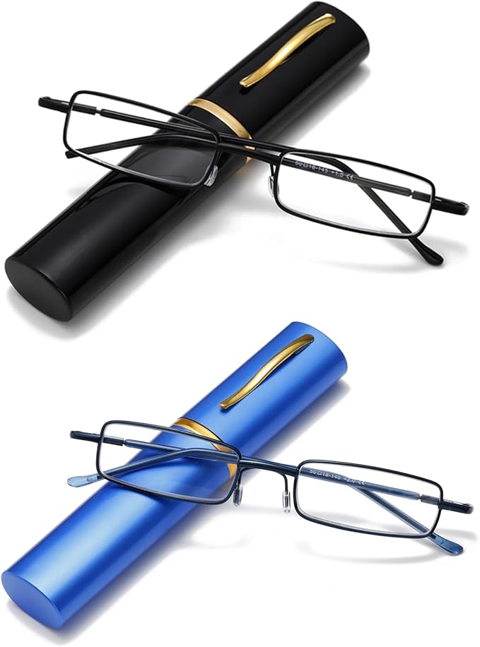 Viseng Slim Mini Metal Reading Glasses Compact Lightweight Portable Readers with Glasses Case for Reading Case,Black+Blue+2.5