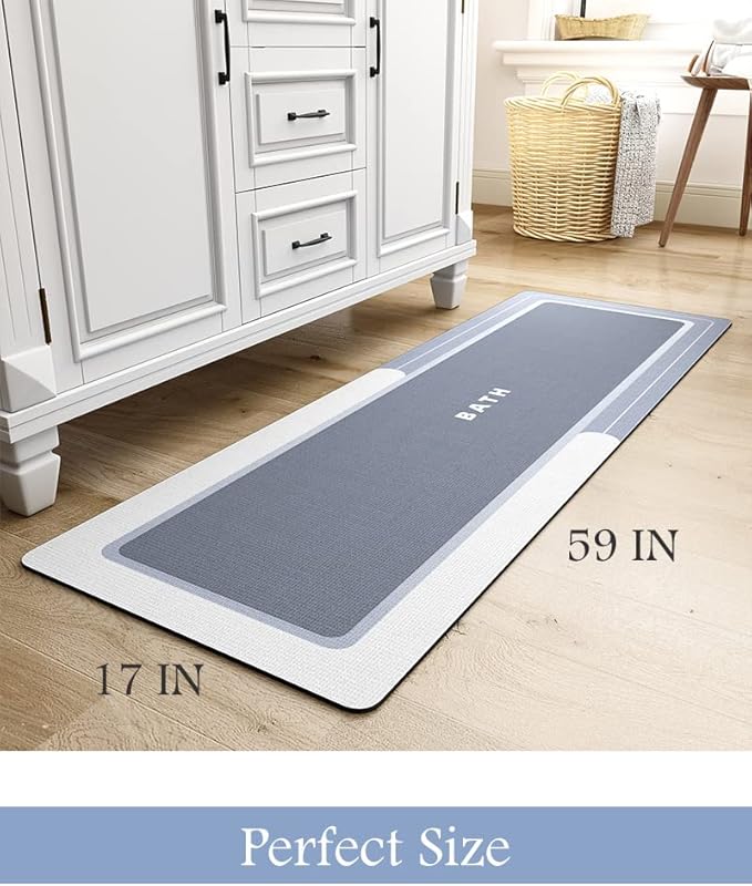 MontVoo-Bath Mat Runner Long Bathroom Mat Rug Non Slip Super Absorbent Stain Resistant Quick Dry Thin Bathroom Rug Fit Under Door-Bath Mats for Bathroom Floor Bathtub Vanity-Bathmat 17"x59" Blue