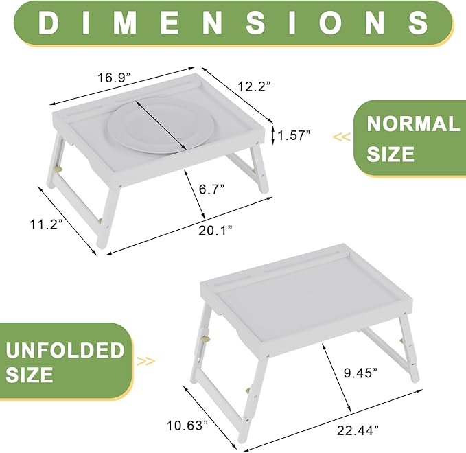 Artmeer Bed Tray Table with Folding Legs, Bamboo Breakfast Food Tray with Media Slot, Use As Platter, Laptop Desk, Snack, TV Tray Kitchen Serving Tray (White Large Adjustable Legs)