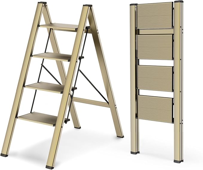 WOA WOA 4 Step Ladder, Foldable Step Stool, Aluminum Lightweight Ladder for Home Kitchen Closet, Anti-Slip Pedals, Ease of Folding, Portable, 300lbs Capacity - Gold