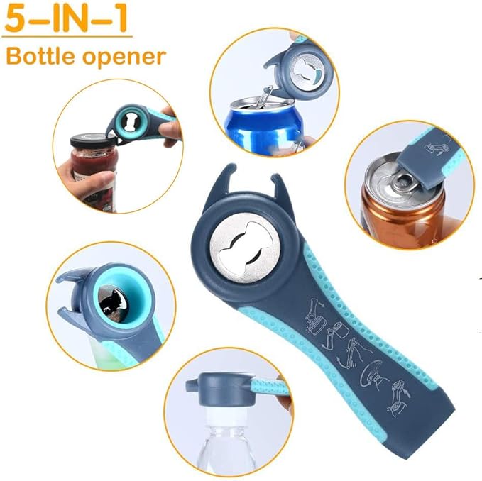 Jar Opener for Weak Hands, 5 in 1 Bottle Opener for Seniors with arthritis | Multifunction Lid Opener, Adjustable, Non-slip, Effortlessly Open Jars Bottles and Ring Pull Cans,Included Rubber Gripper Pad
