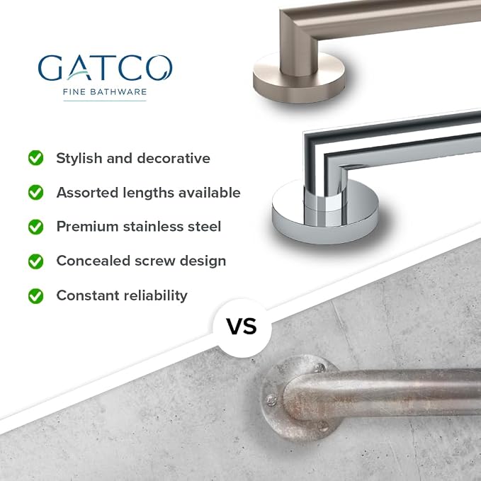 Gatco 960 Glam Grab Bar, Chrome, 12-inch/ADA Compliant Safety Stainless Steel Grab Bar for Bathroom