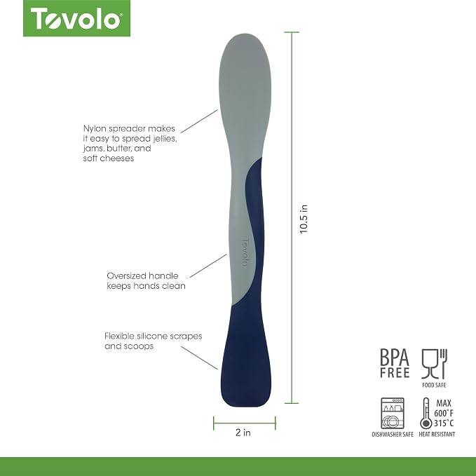 Tovolo Scoop and Spread Large Dual End Silicone Sandwich Spreader Tool with Nylon Handle, BPA Free Dishwasher Safe Silicone and Nylon Tool for Spreading and Scooping, Deep Indigo and Oyster Gray