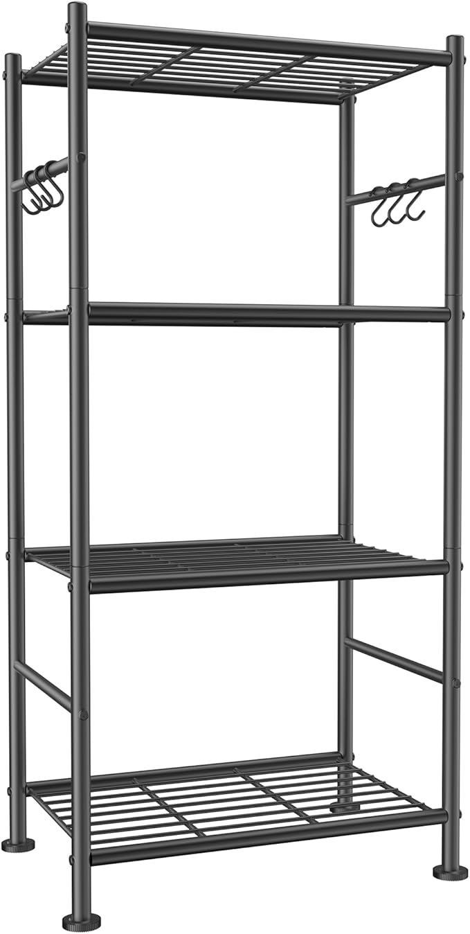 Sakugi Storage Shelves - 4-Tier Large Capacity Shelf Organizer with Hooks, Heavy-Duty Garage Shelving with Leveling Feet, Wobble-Free Rack for Bedroom, Balcony, Garage, 18.1"×12.4"×43.7", Black