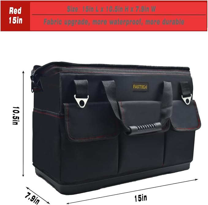 FASTECH 15-inch Heavy Duty Bottom Tool Bag With Wide Mouth For Tool Storage, Carrier and Organizer, Tools Bag For Men, Wide Mouth Tote Bag With Inside Pockets (15 Inch)