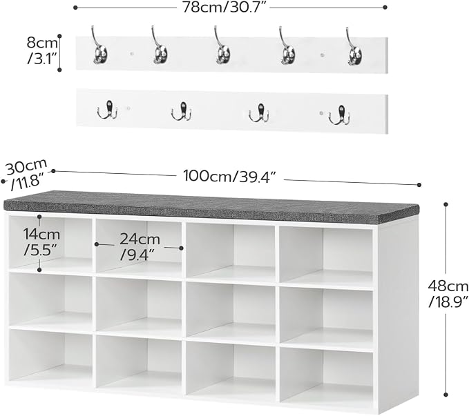 HOOBRO Shoe Storage Bench with Cushion, 39.4" L Entryway Bench with 12 Cubbies, Entryway Hall Tree with Storage, Cubby Shoe Rack Bench with Coat Rack for Hallway, Holds up to 330 lb, White WT112HX01