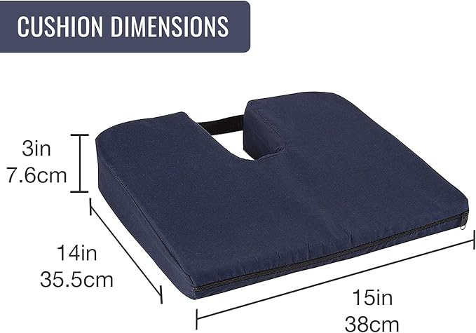 DMI Gradual Slope Seat Cushion for Coccyx, Sciatica and Tailbone Pain Used With Dining Room Chairs, Desk Chairs, Thin Car or Wheelchair Cushions, Machine Washable-Cover, 15 Inch, Navy