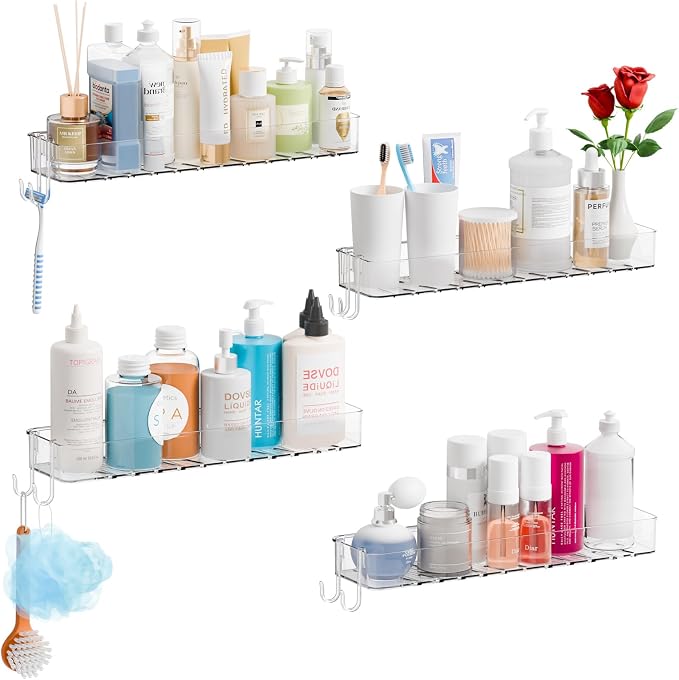Yieach 4 Pack in Shower Organizers,Adhesive Shower Caddy,No Rust Acrylic Shower Shelves & Storage Rack,Plastic Bathroom Shelves,Bathtub Storage Organizer,Shampoo,Conditioner Holder for Washroom,Clear