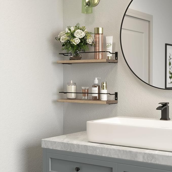 RICHER HOUSE Bathroom Shelves, Guard-Rail Floating Shelves for Wall, Wall Mounted Shelves Set of 2, Cute Bathroom Organizer Decor, Over Toilet Storage Small Shelf for Kitchen - Carbonized Black