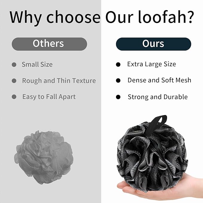 BCKENEY Bath Loofah Shower Sponge Body Back Scrubber Soft Mesh Shower Puffs Exfoliating Loofa for Women & Men Bath Accessories Cleaning Tool (4Pack 60G Black, Charcoal Black)