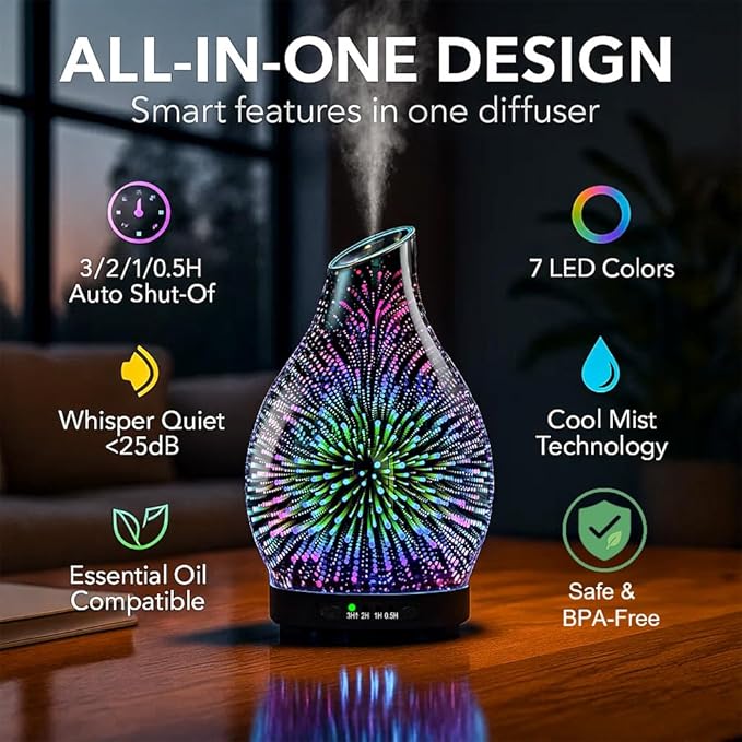 Essential Oil Diffuser & Essential Oils Set, Glass Aromatherapy Diffuser with 7 LED Colors, 6 Oils Gift Pack (Clean Home, Peppermint, Blossom Soapy, Soft Powder, Fresh Cotton, Fresh Linen)
