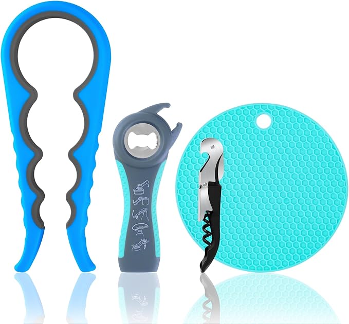 Bloss Anti-skid Jar Opener Can Opener Kitchen Grippers, 4 in 1 Multi Function Bottle Opener Lid Opener for Seniors with Arthritis, Caps and Bottles Kitchen Gadgets For Small Hands or Seniors, Blue
