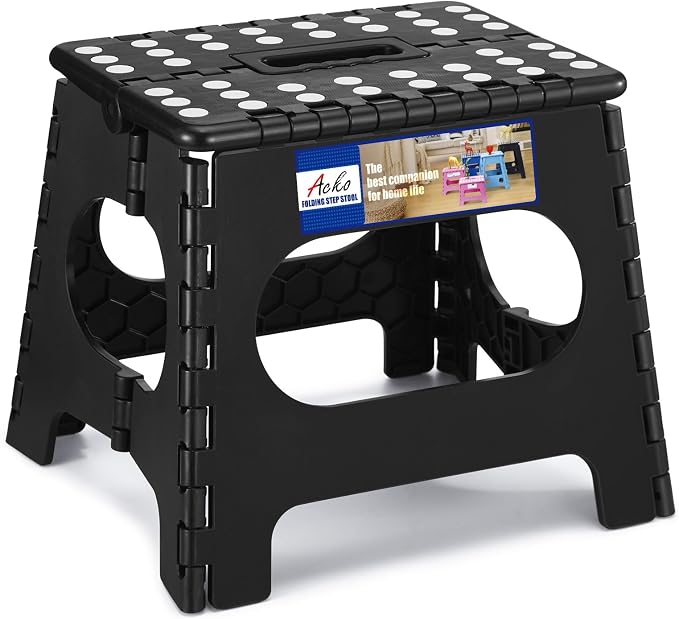 ACKO Folding Step Stool, 11 Inch Non-Slip Foldable Step Stools up to 300lbs for Kids and Adults, Portable Lightweight Collapsible Stool with Handle, for Kitchen Bathroom Black, 1 Pack