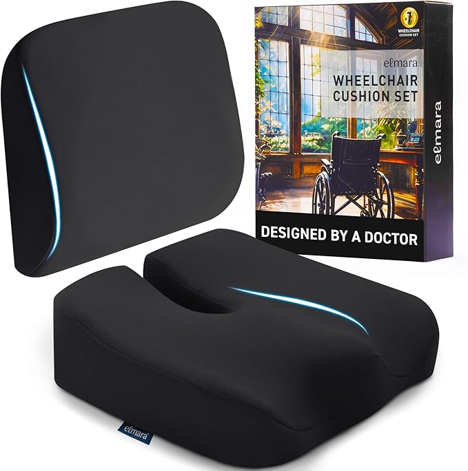 Elmara Doctor-Designed Wheelchair Seat Cushion Set – The Ultimate Comfort Solution – Thick Wheelchair Cushions Relieve Back & Sciatica Pain – Wheel Chair Cushions for Seniors, Wheelchair Pad (Black)