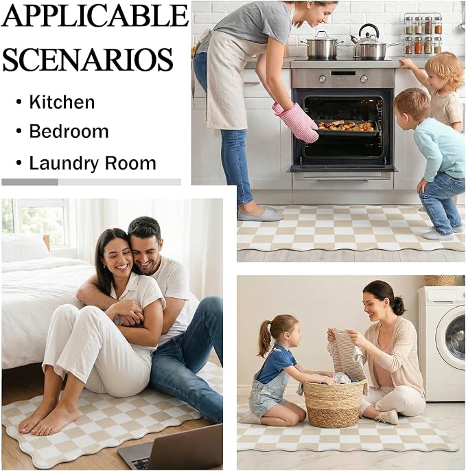 Scalloped Cream Checkered Grid Checkerboard Kitchen Rug Sets [2 PCs], Anti-Fatigue, Waterproof Non-Slip Kitchen Mats Heavy Duty Ergonomic Comfort Foam Rug for Floor, Home, Laundry,17"x29"+17"x47"