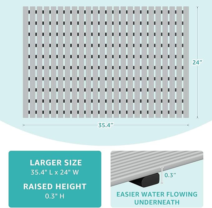 OTHWAY Large Shower Mat, 35.4 x 24 Inch No Suction Cup Shower Mat Non Slip, Quick Drain Shower Mats for Inside Shower, Heavy Duty PVC Shower Floor Mat, Curlable Shower Stall Mat (Light Grey)