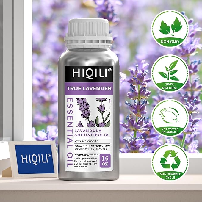 HIQILI 16 fl oz Lavender Essential Oil Large Capacity, 100% Natural for Aromatherapy, DIY Candle & Soap Making, Skin Moisturizing. Suitable for Hotels, DIY Studios, Spas and Hair Salons