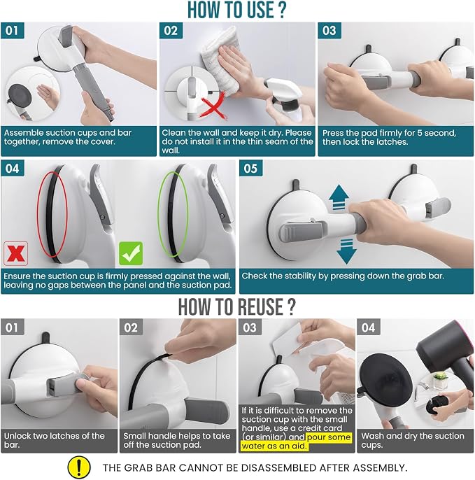 TAILI Grab Bars for Bathtubs and Showers, Shower Handles for Elderly Suction,Maximum 330lbs,Shower Grab Bar with Upgraded Rubber Suction Cups,Safety Grip for Senior, No Drilling Removable,Grey