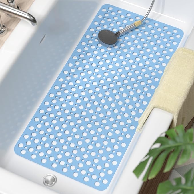 HITSLAM Bathtub Mat Non Slip, 35 x 16 Inch Long TPE Bath Mat for Tub, Efficient Drainage Bathroom Shower Mat with Suction Cups, Bath Tub Mat, Soft on Feet and Easy to Clean, Blue