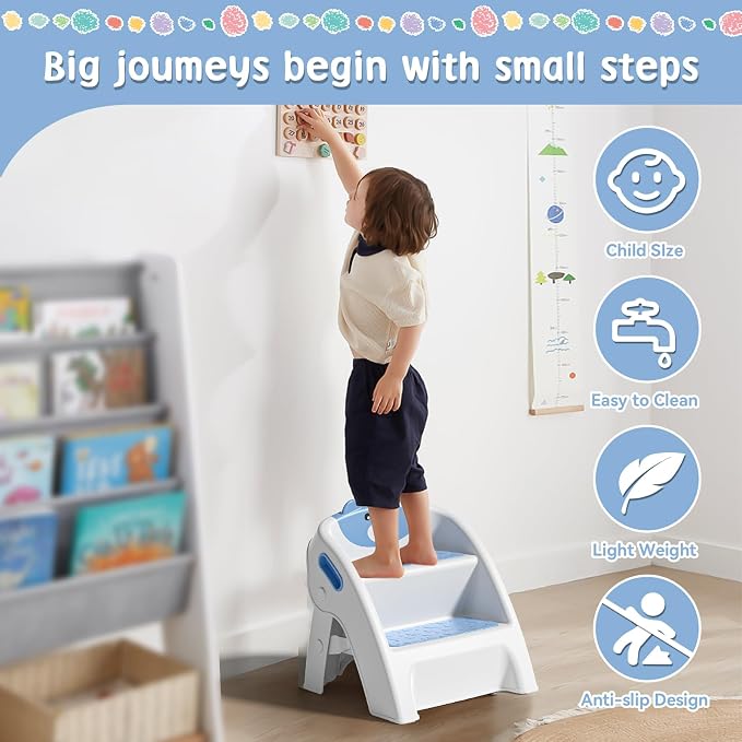 TPN Toddler Step Stool for Bathroom Sink and Potty Training Durable Anti-Slip,Anti-Tip A-Frame,10-Second Assembly, 2-Step Potty Stool with Wide Steps (Light Blue)