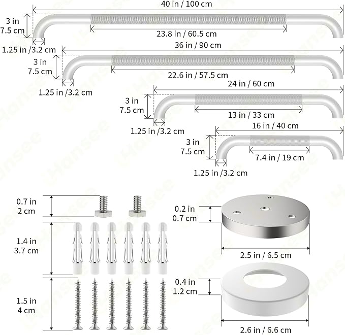 4 Pack Commercial Grab Bar Bundle - 16", 24", 36", 40“ - 1.25” Diameter, White Bathroom Grab Bar w/Anti-Slip Knurled Grip, Stainless Steel Handicap Grab Bars, Safety Handrail for Shower Toilet