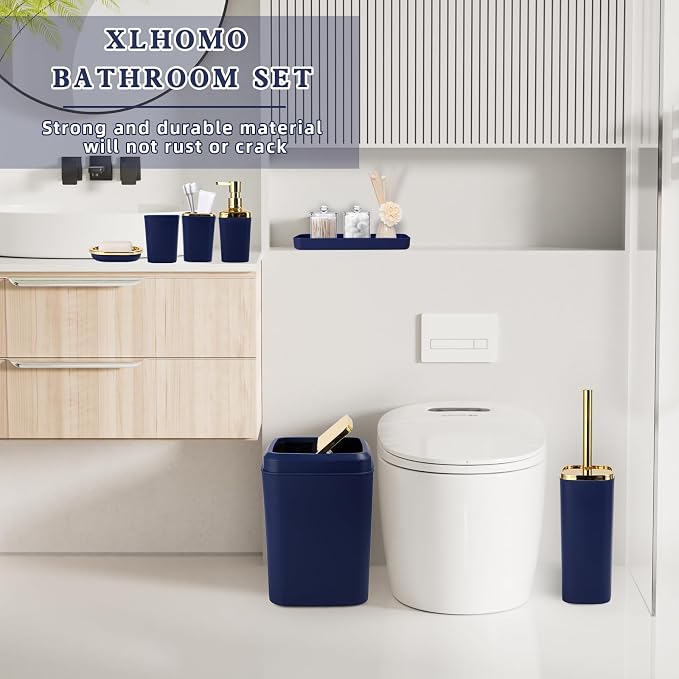 XLHOMO Blue and Gold Bathroom Accessories Set, Bathroom Sets with Shower Curtain, Blue Bathroom Accessories with Trash Can, Soap Dispenser, Soap Dish, Toilet Brush Holder, Qtip Holders for Bathroom
