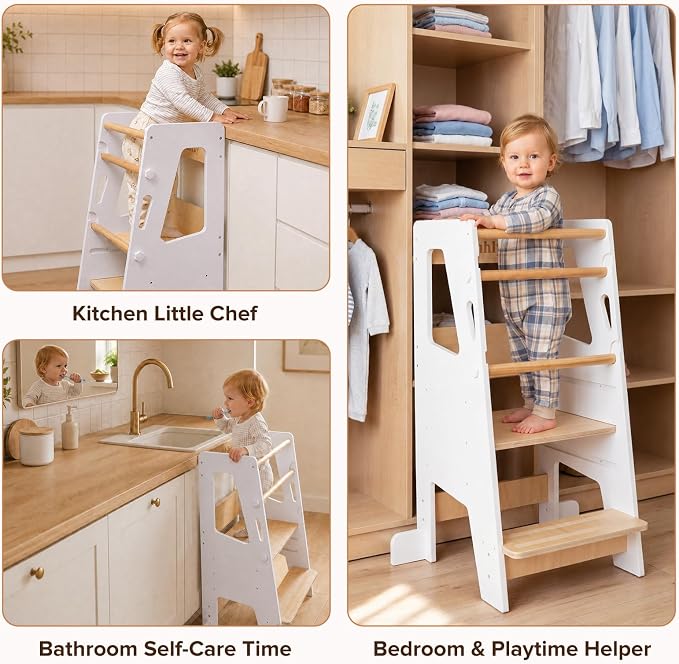 EHHLY Toddler Standing Tower Kitchen Helper – Extra Safe Adjustable 3-Level Learning Tower, Stable Wooden Toddler Kitchen Stool and Step Stool for Independent Learning (White)