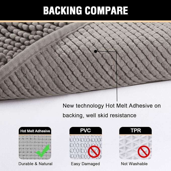 H.VERSAILTEX Chenille Bath Rug Non-Slip Bathroom Rug Shag Shower Mat Machine-Washable Bath Mat with Water Absorbent Soft Microfibers, 20" W x 32" L, Dark Grey