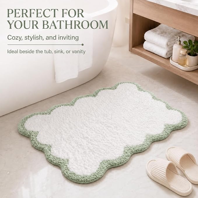 Scalloped Sage Green Bath Rug, Cute Bathroom Rug, Soft Absorbent Quick Dry Bath Mat, TPR Non Slip Backing, Microfiber Mat for Shower Tub Sink Vanity 20" x 31.5"