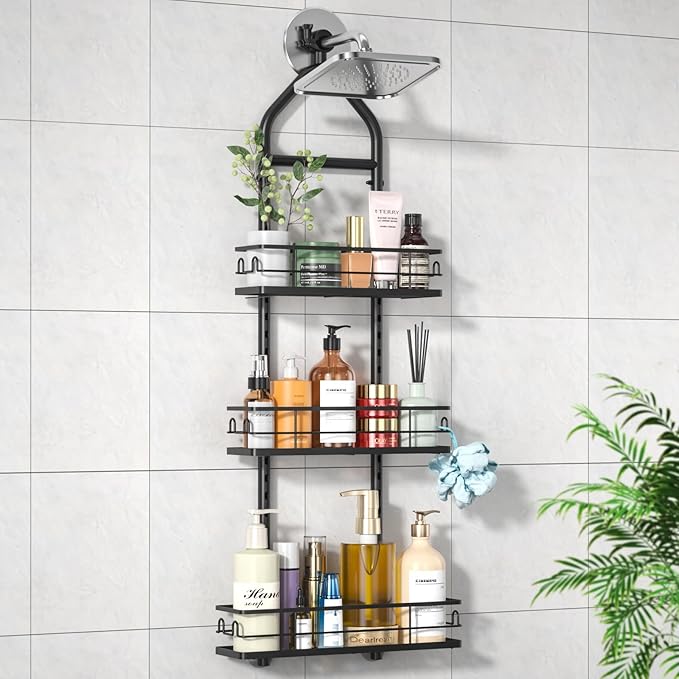3 Tier Hanging Shower Head Caddy, Adjustable Hanging Shower Caddy Over Showerhead, No Drilling Handing Racks Rustproof for Bathroom Shampoo Soap Storage