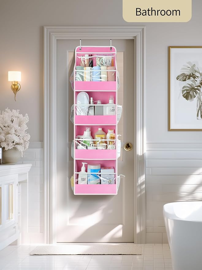 Yecaye 5 Tier Over the Door Organizer, Swing-proof Door Organizer Hanging with Clear PVC Windows, Behind the Door Storage for Bedroom Nursery Closet Laundry Pantry Bathroom, Bubblegum Pink