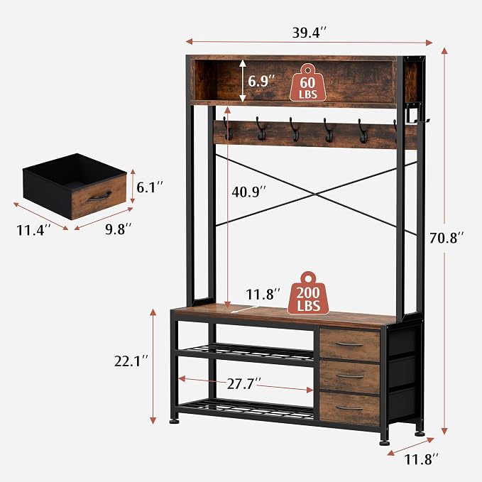 Lulive Hall Tree with 3 Drawers, Industrial Entryway 39.4" Coat Rack Shoe Bench, Freestanding Mudroom Organizer with 12 Hooks, Top Shelf Storage (Rustic Brown)