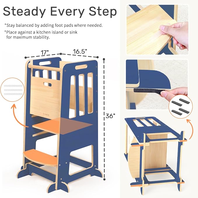 WINGYZ Toddler Tower - Anti-Tip Natural Wood Learning Stool Helper for Kids 18M-6Y, 150lb Capacity Kitchen Stool with 3-Height Adjustable Platform and Sliding Door Access, 20lb Portable Design, DK BLU