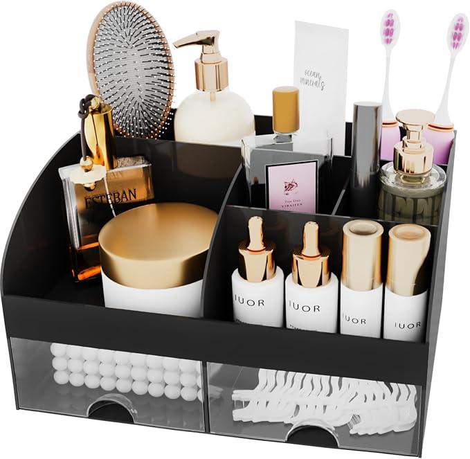 Makeup Organizer with Drawers, Cosmetic Storage for Dresser Vanity and Bathroom Countertop, Beauty Holder for Lipstick Brush, Skincare Organizer for Vanity, Cosmetic Display Case (Black)
