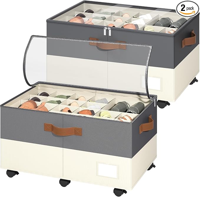 Shoe Organizer for Closet, 2 Pack Shoe Storage Organizer with Wheels and Adjustable Dividers, Shoe Storage Box with Clear Cover, Foldable Closet Shoe Organizer Fits up to 24-48 Pairs, Gray and Beige